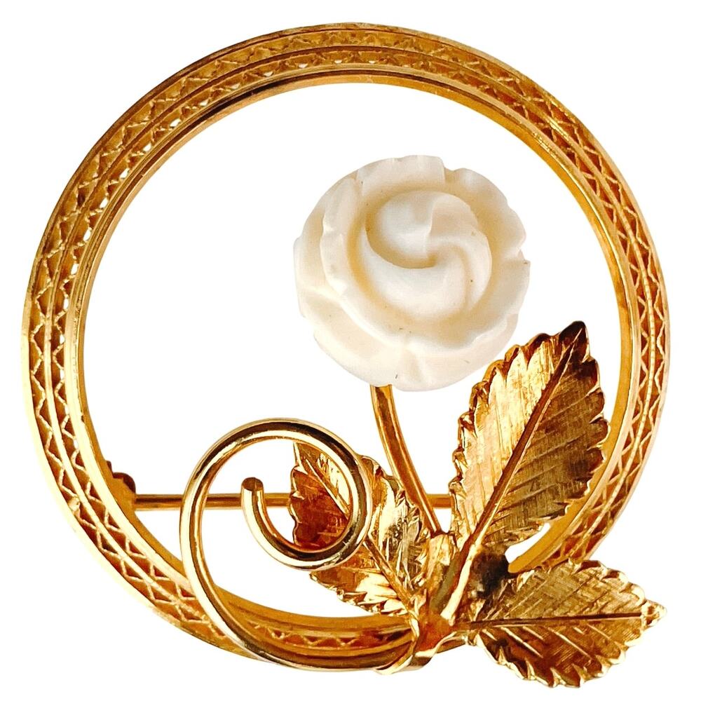 VTG Mid Century Gold Filled Rose Brooch Floral Filigree Wreath Jewelry Pin